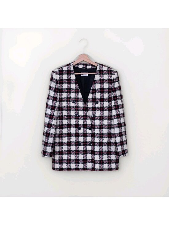 Planet Jackets & Blazers - Vtg 80s Planet Plaid Blaizer US 8 Wool Blend Lined DB Colarless England Academia